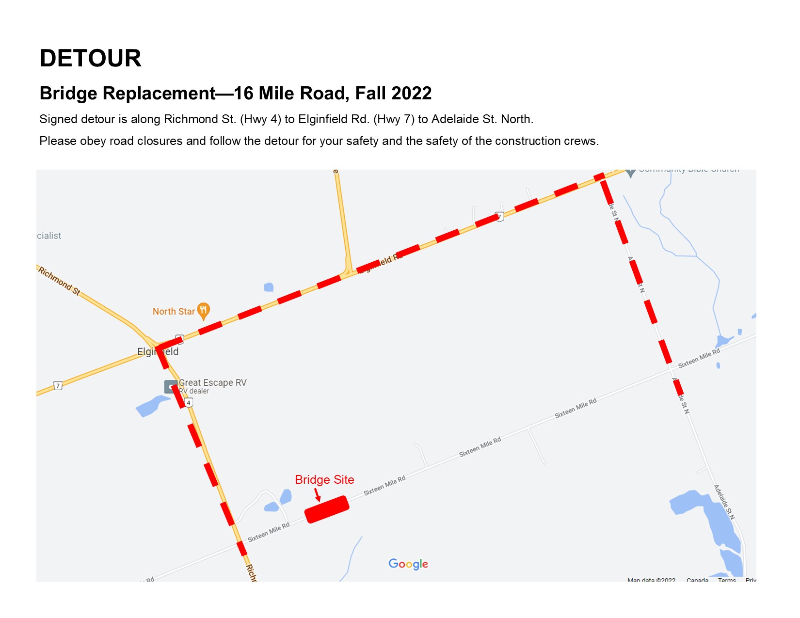 Map - Detour for 16 Mile Rd Bridge Fall 2022